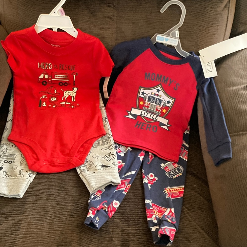 9/9-12 mo. Firefighter pjs and outfit.